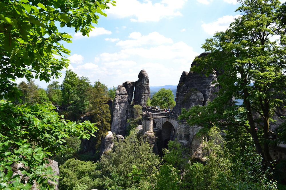 a view of a stone castle surrounded by trees