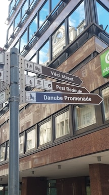 A metal post with directional signs pointing towards Váci Street, Pest Redoute, and Danube Promenade, set against the background of a modern glass building. Reflections of nearby structures are visible in the windows, and there are clear skies reflected above.