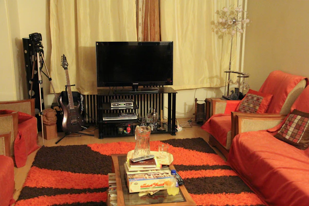 Cozy and tidy small apartment living room with bright orange accents and organized shelves