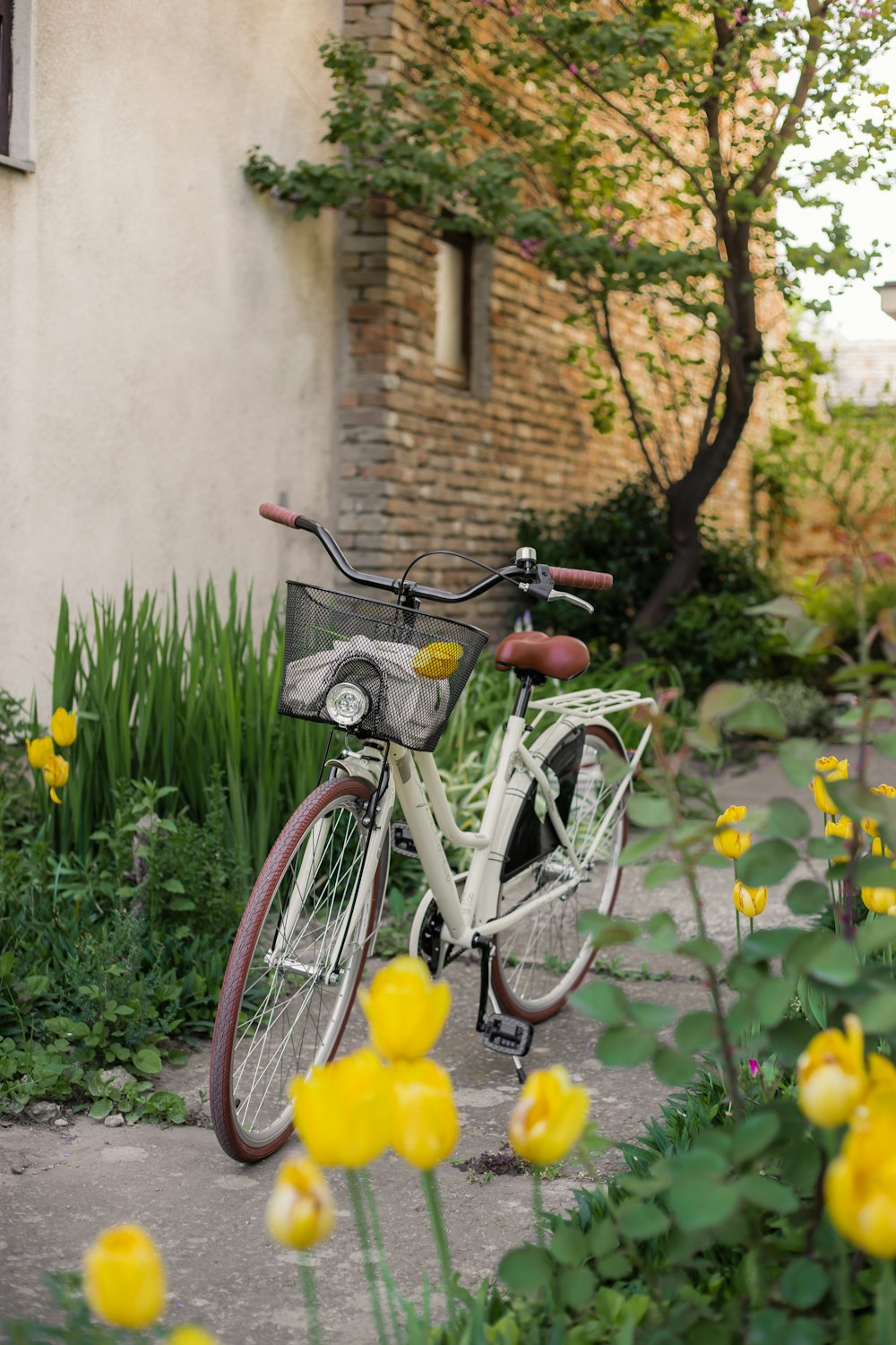 a bike parked next to a building with yellow flowers