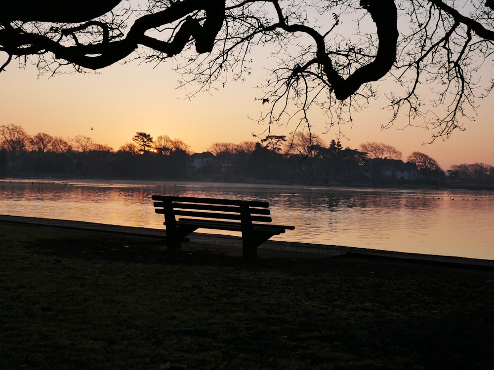 a park bench sitting next to a body of water