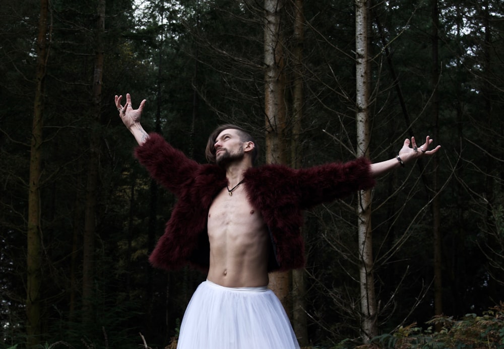 a man in a white tutu and a fur coat