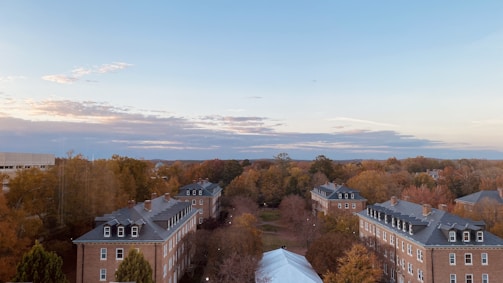 Aerial view of a campus with several large brick buildings surrounded by trees displaying autumn colors. The sky above is mostly clear with a few clouds scattered across, capturing the soft light of either sunrise or sunset. The tree-lined path runs through the center, flanked by neatly aligned structures.