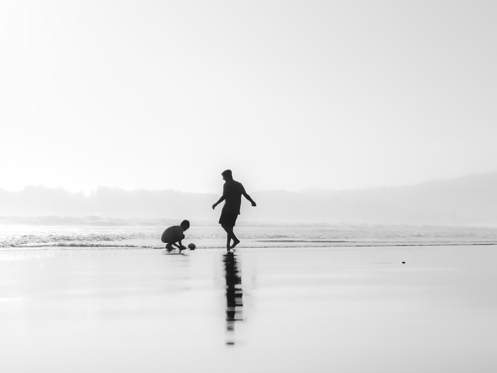 a person and a dog walking on a beach