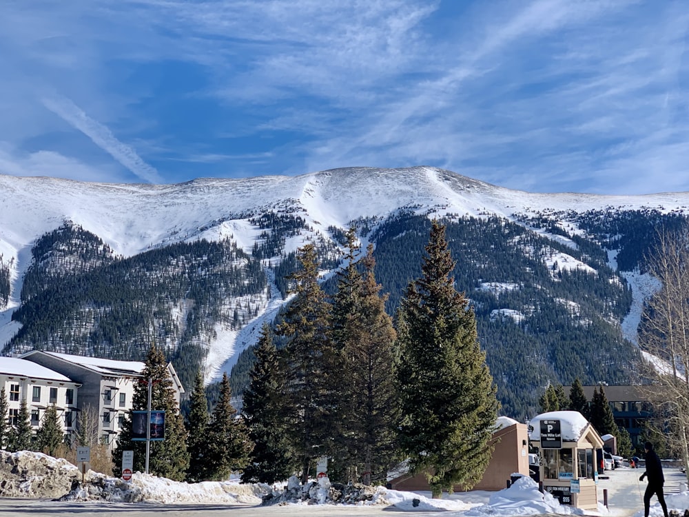 a snow covered mountain is in the distance