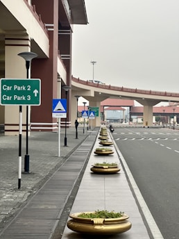 A roadway area with a sidewalk lined with large, circular planters containing greenery. There are road signs indicating directions to car parks, a 'hump' warning sign, and several street lamps along the path. A pedestrian and a vehicle are visible in the background, and a section of elevated roadway is seen above.