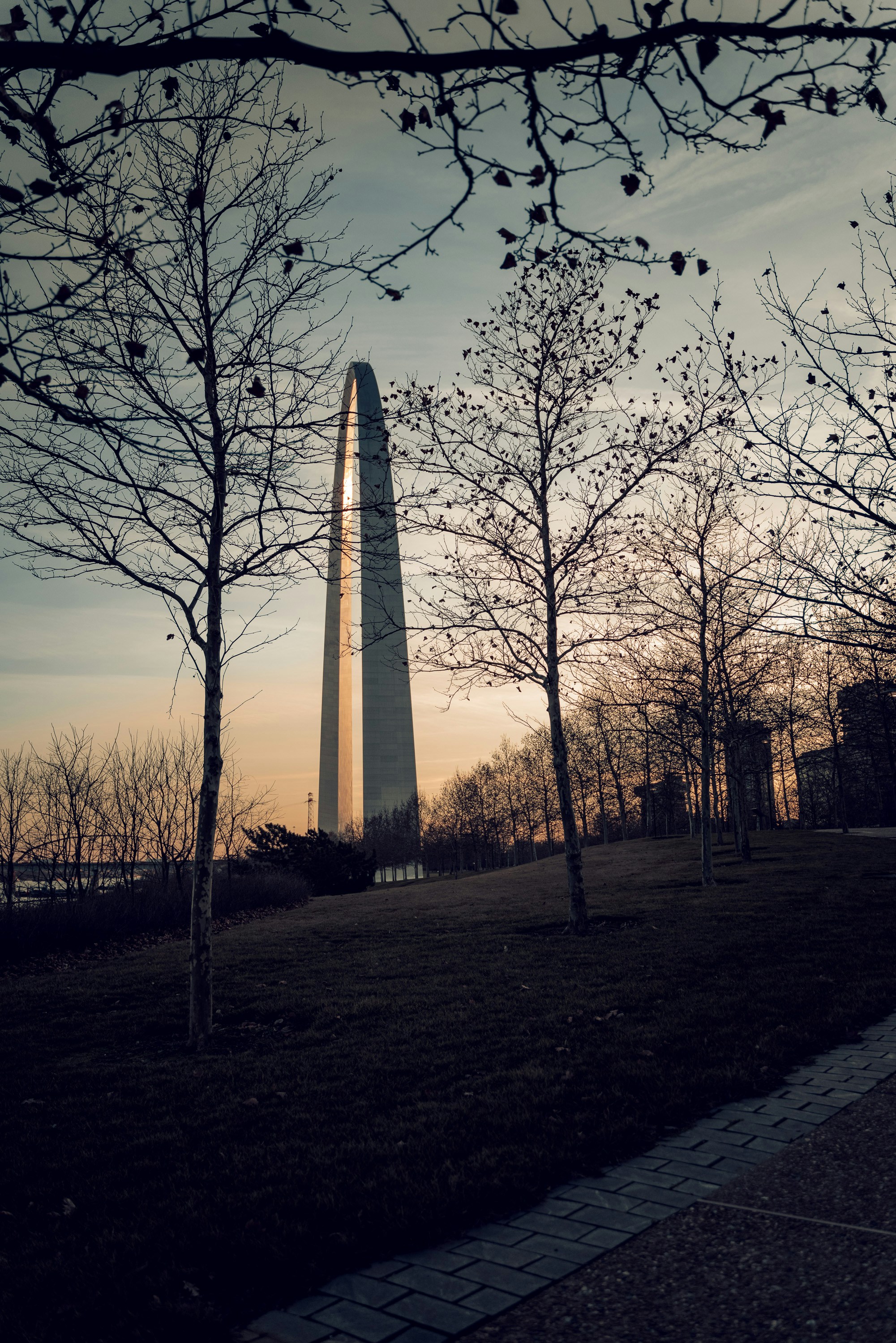 a view of the washington monument at sunset
