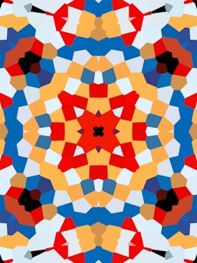 A vibrant, swirling kaleidoscope pattern bursting with colors and geometric shapes.