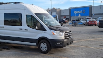 A spacious white van ready for cargo or group travel in a parking lot