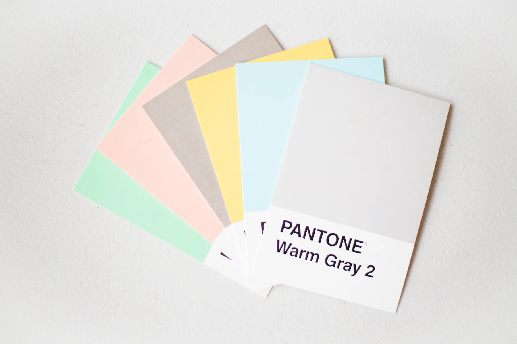 A grid of Pantone color swatches in warm gray and neutral tones laid out against a white background