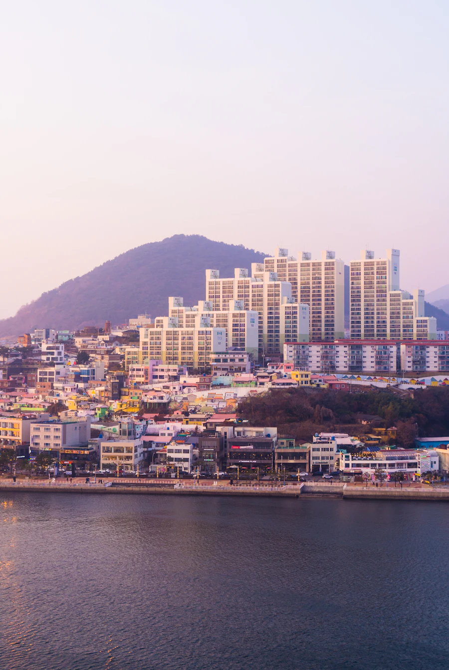 Yeosu harbour and hillside apartments at dusk