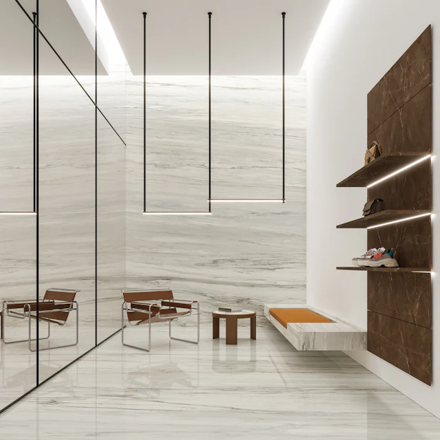 A room with a marble floor and a white wall