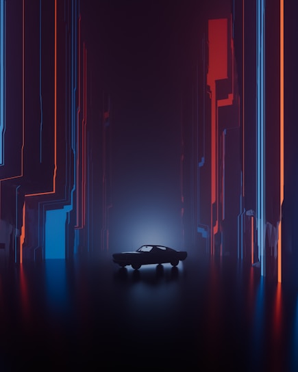 A sleek, dark room illuminated by vibrant neon holograms forming dynamic automotive shapes.