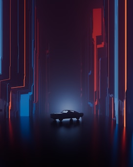 A car is positioned in the center of a futuristic, neon-lit environment. The surrounding walls are adorned with vertical, glowing lines in shades of blue and red, adding a high-tech, cyberpunk feel to the scene. The area is dimly lit with a strong backlight behind the car, creating a silhouette effect.