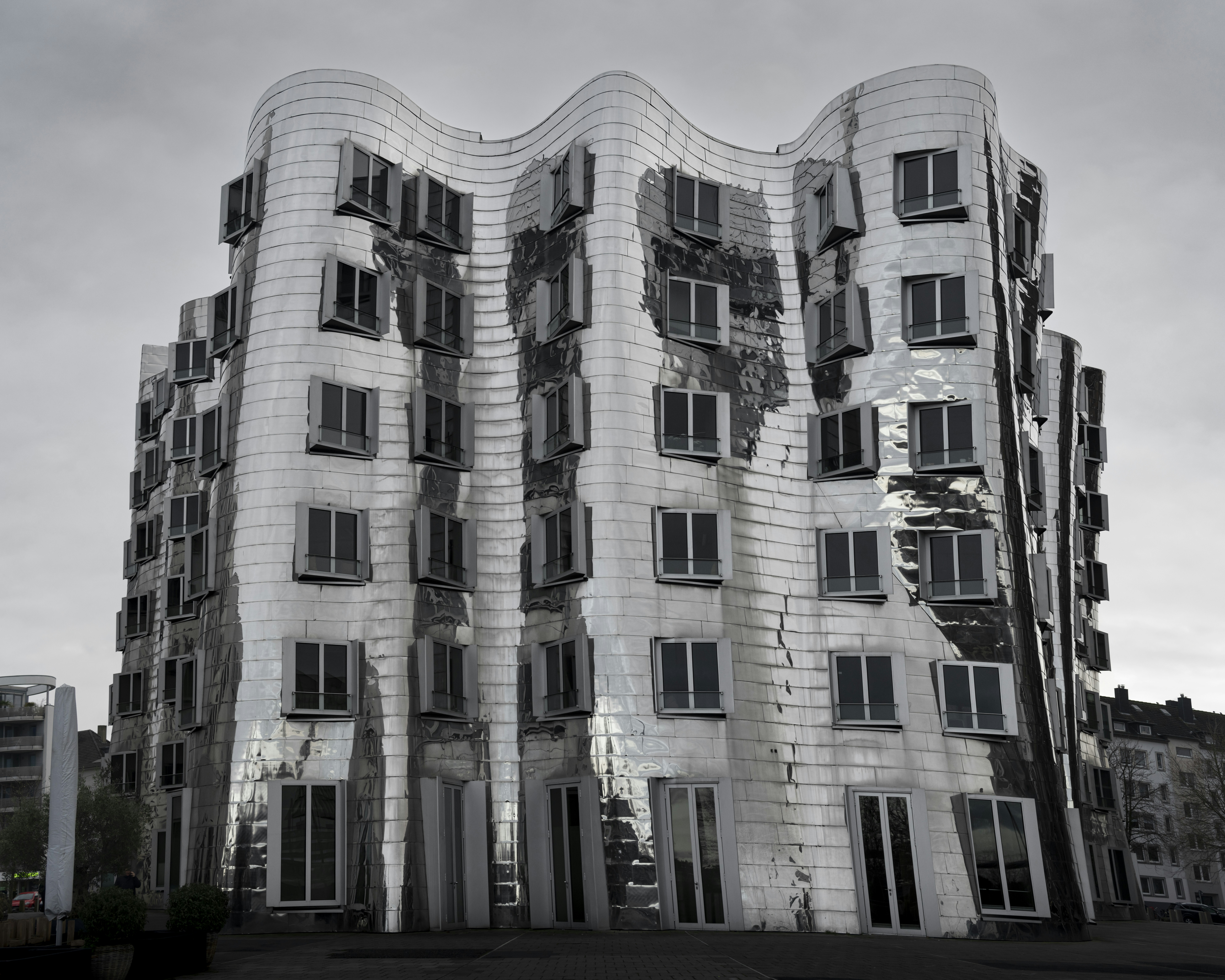 a very tall building with lots of windows, Silber Gehry Building in Medienhafen, Düssledorf, Germany