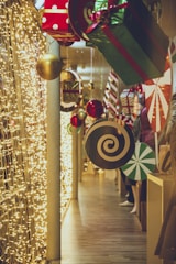 Hallway decorated with Canadian flags and winter-themed art.
