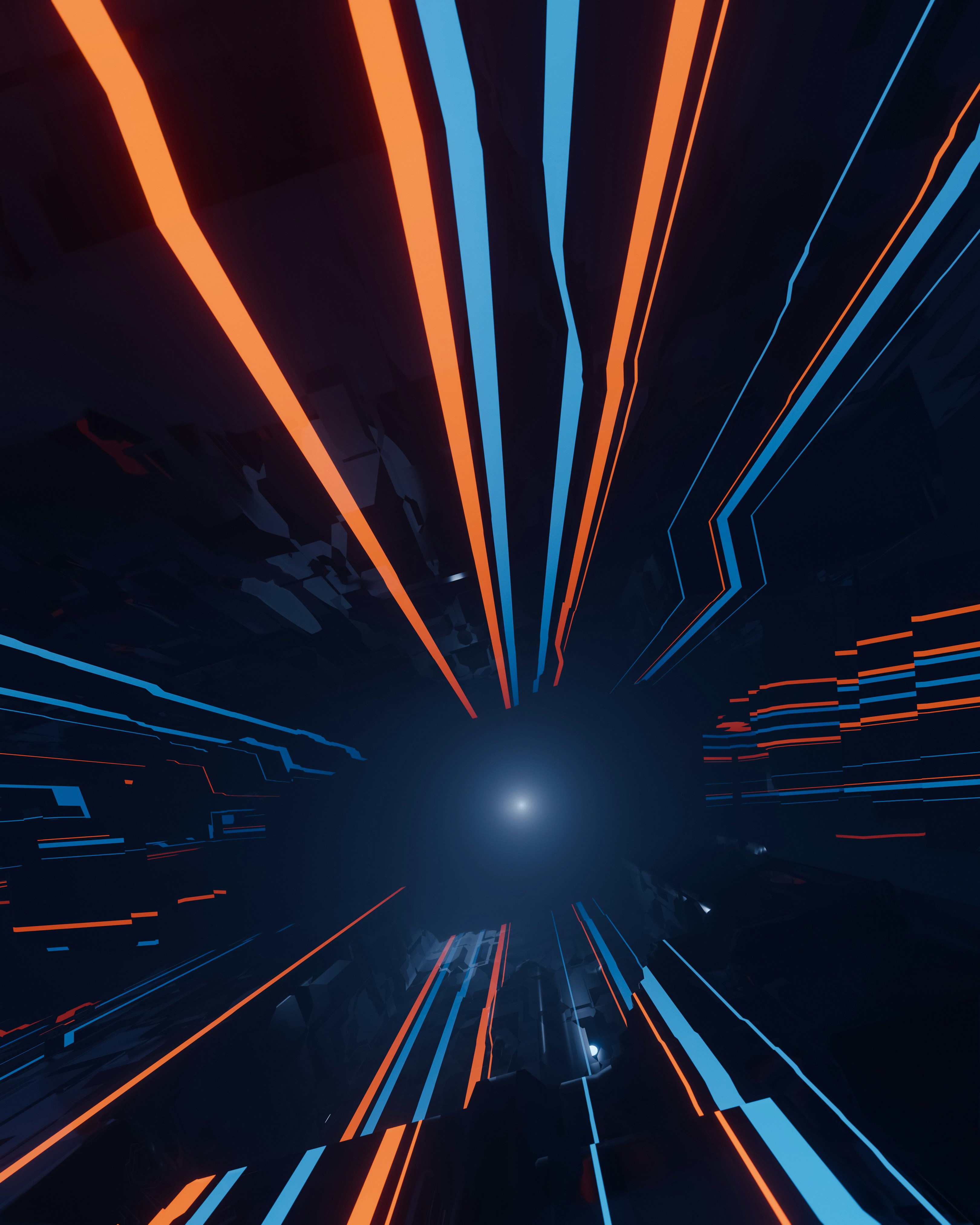 A digital abstract landscape featuring dynamic lines shooting towards a bright, central vanishing point. The lines are primarily in bright orange and blue set against a dark, shadowy background, giving a sense of rapid motion and depth.