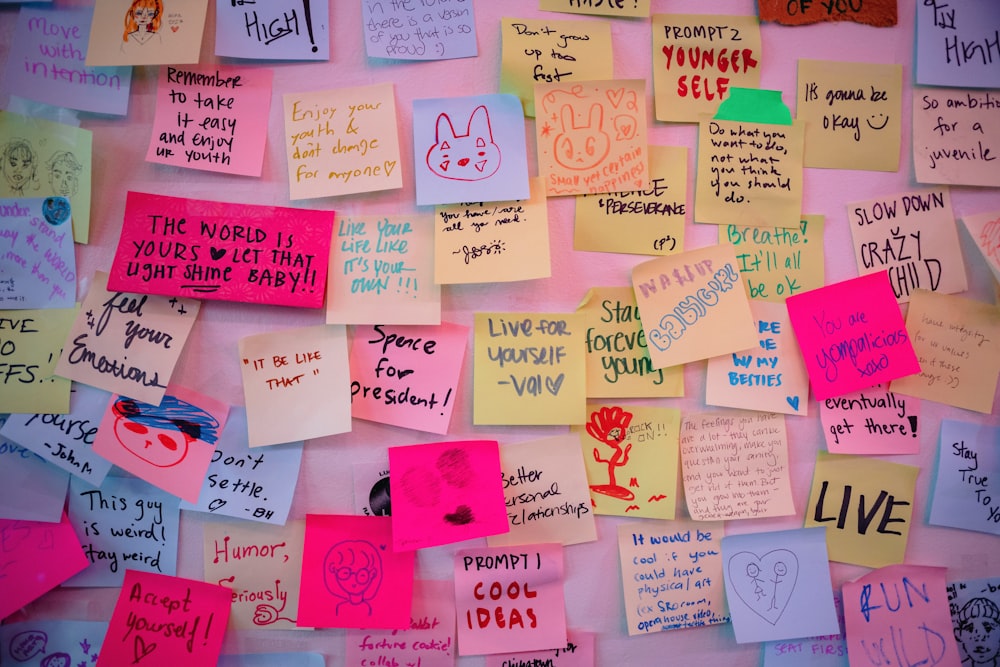 a bunch of sticky notes on a wall