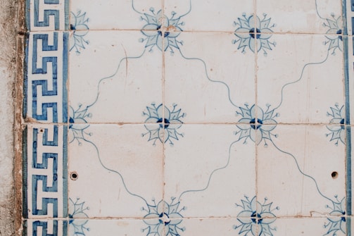 Ornate ceramic tiles featuring a floral pattern with blue designs. The tiles display a symmetrical design with a border on the left side showcasing a geometric motif. The overall look is rustic with slight imperfections visible.