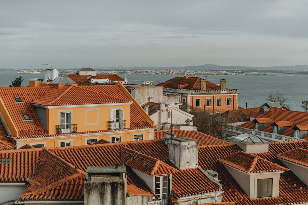 a view of a city with orange roofs and a body of water in the background