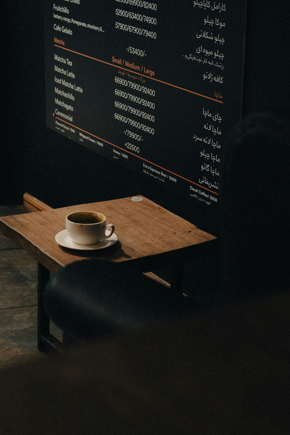 a table with a cup of coffee on top of it