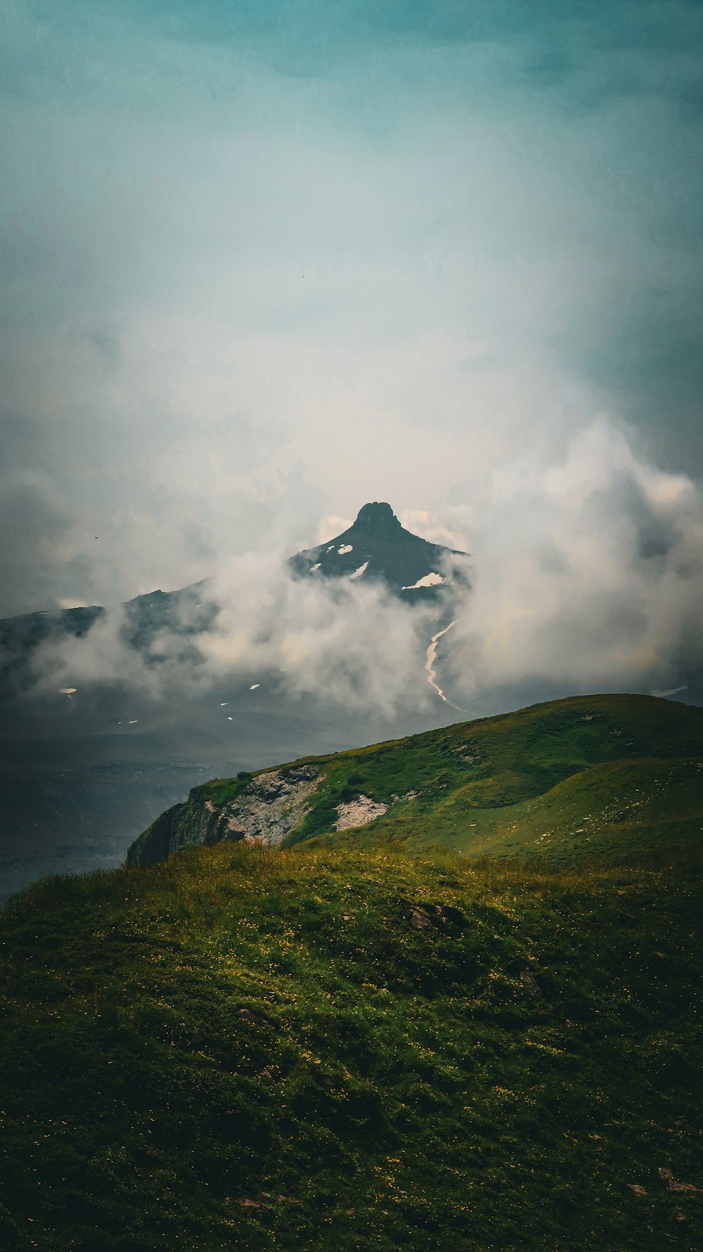 a grassy hill with a mountain in the background