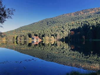 A serene lake reflects a dense forest and mountain landscape under a clear blue sky. A house with a red roof sits by the lakeside, surrounded by autumn-colored trees, creating a mirror image on the still water.