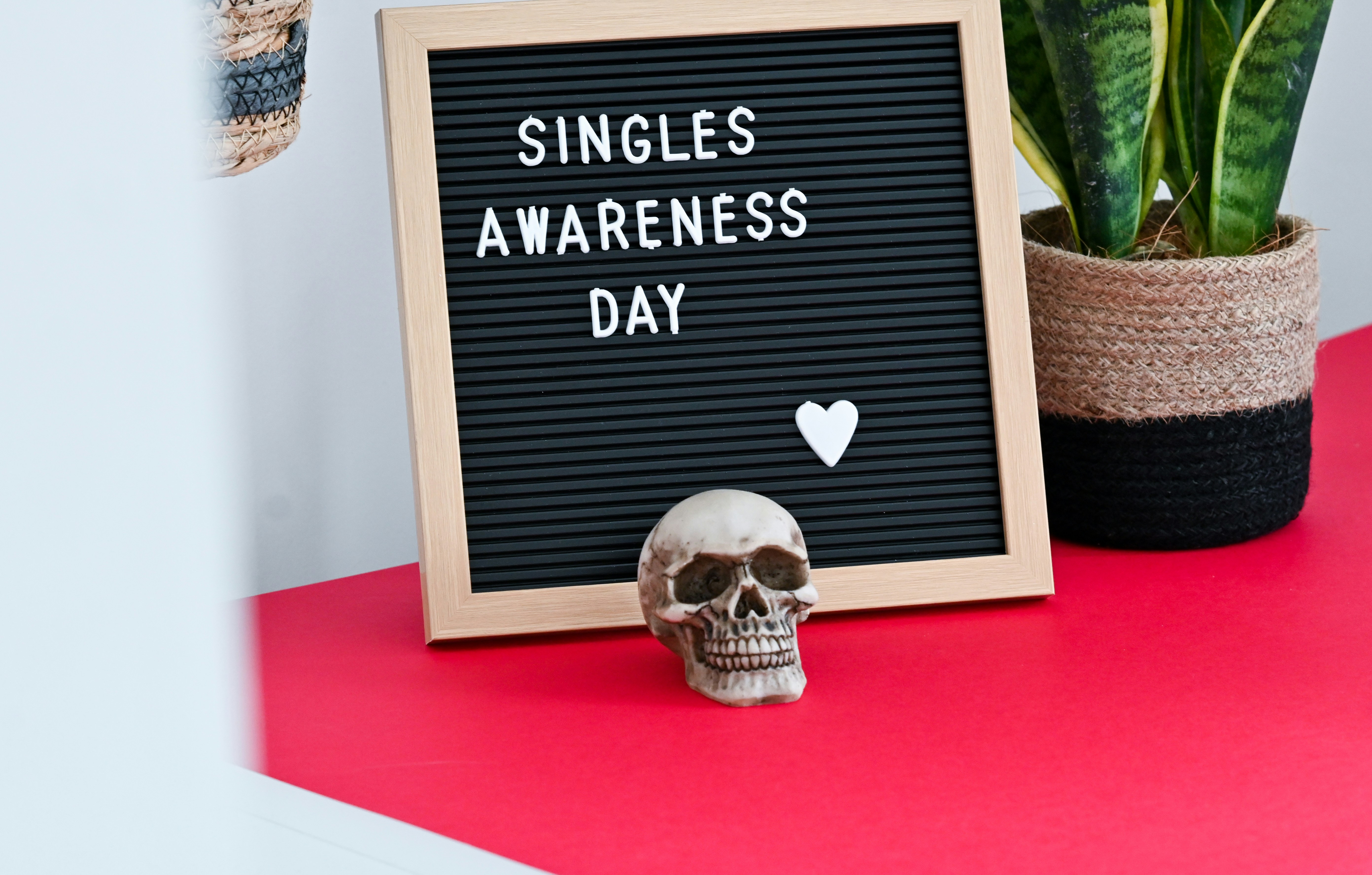 a sign that says singles awareness day next to a skull