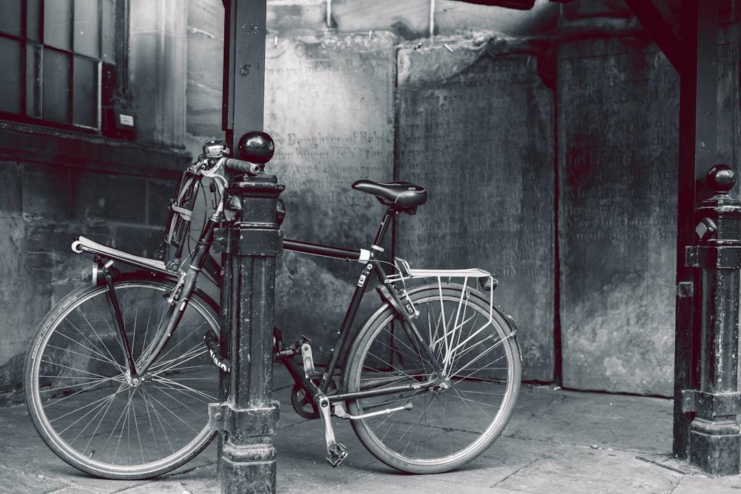 a black and white photo of a bicycle parked next to a fire hydrant,