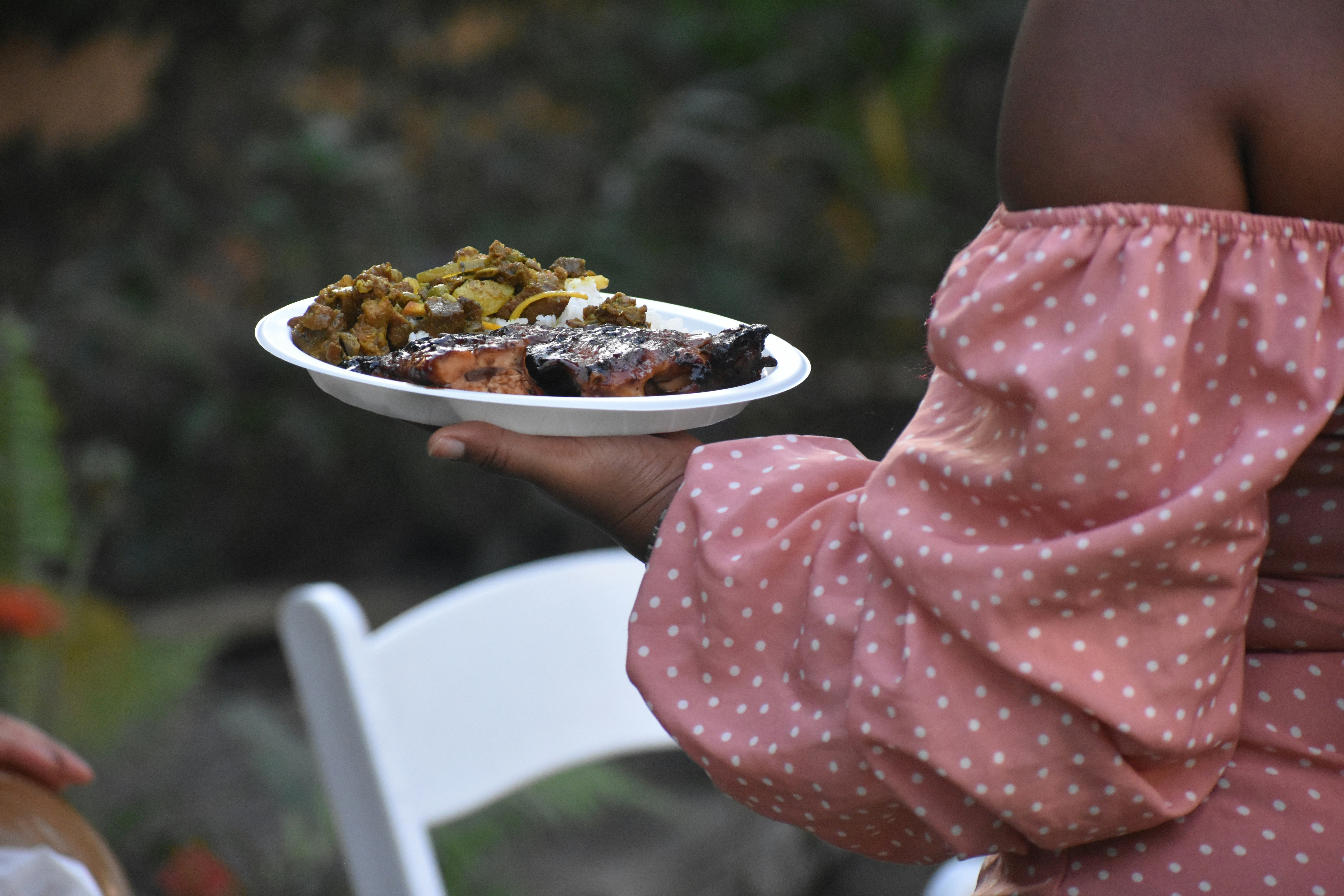 a person holding a plate of food in their hand