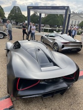 A sleek black Lotus sports car with a futuristic design is parked alongside another silver Lotus vehicle. The setting is an outdoor event with people gathered around and neatly trimmed cone-shaped trees in the background. A sign above reads 'Concours Stage', indicating a car exhibition or concours d'elegance taking place.