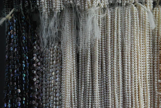 a bunch of beads hanging on a wall