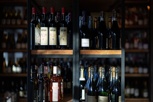 A variety of wine and champagne bottles are neatly arranged on dark wooden shelves. The scene is set in dim lighting, highlighting the bottles and emphasizing the labels. The background is slightly blurred, putting focus on the bottles themselves.