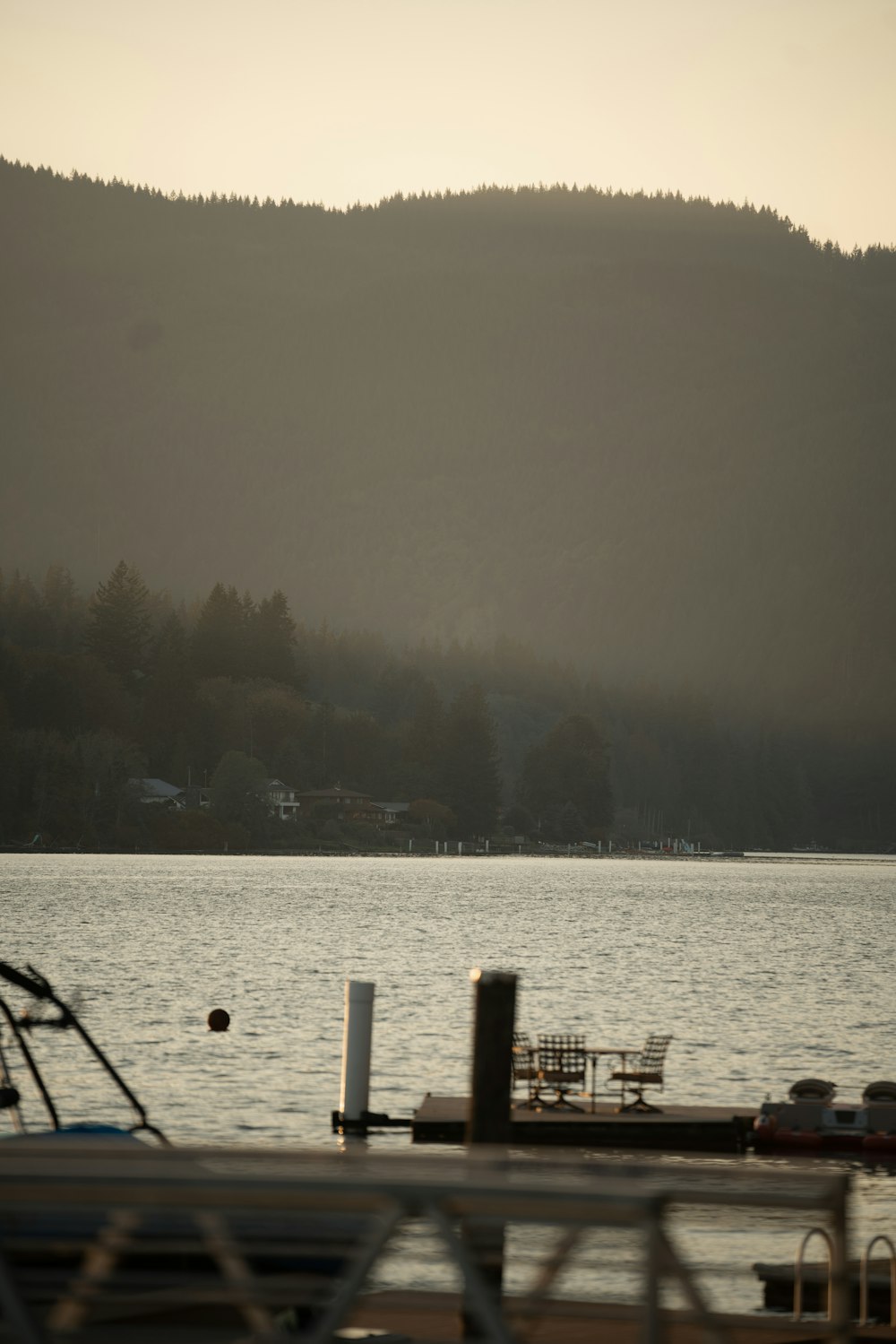 a view of a lake with a mountain in the background