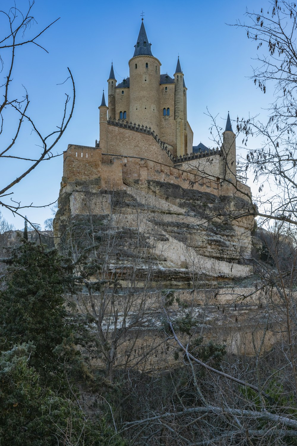 a castle on top of a hill with trees in front of it