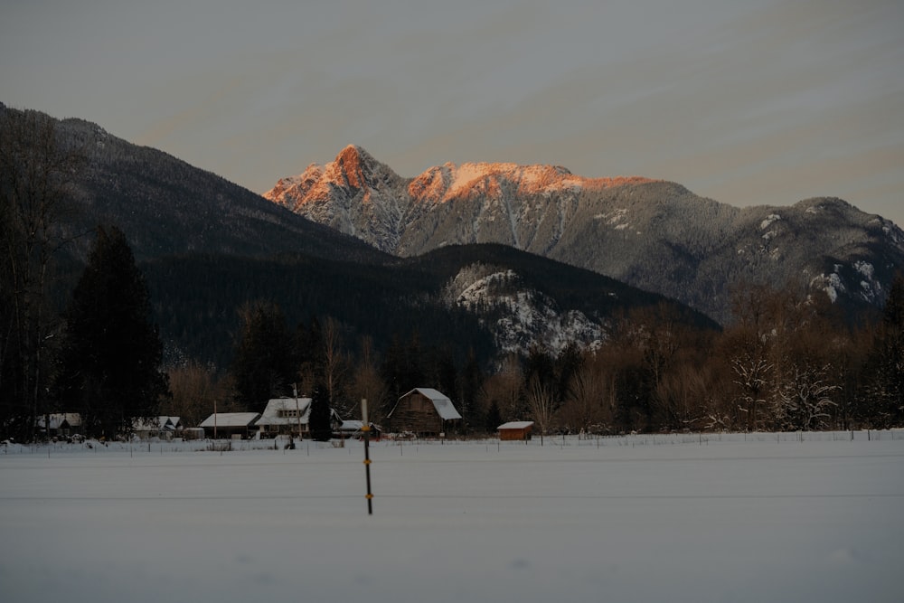 a snow covered field with mountains in the background