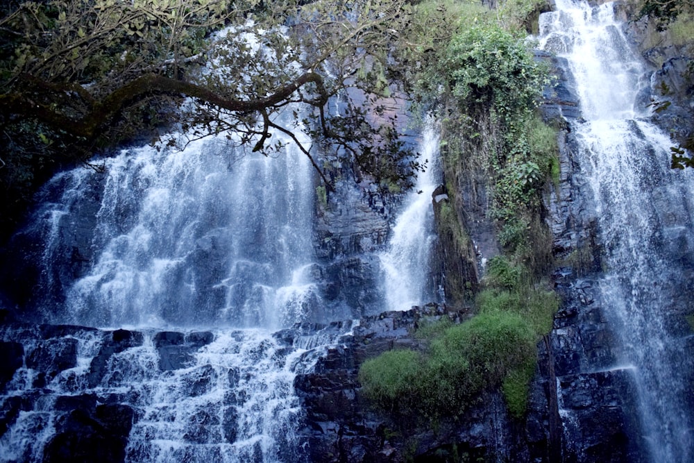 a large waterfall with a tree in front of it