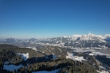 A panoramic view of snow-capped peaks with forested slopes under a clear blue sky.
