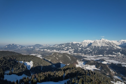 A panoramic view of snow-capped peaks with forested slopes under a clear blue sky.