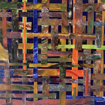 An abstract piece consisting of intersecting rectangular strips in a variety of colors and textures. The strips form a woven pattern, creating a complex and intricate visual effect. The colors range from vibrant oranges and blues to muted greens and browns, with various patterns and brush strokes visible on the strips.