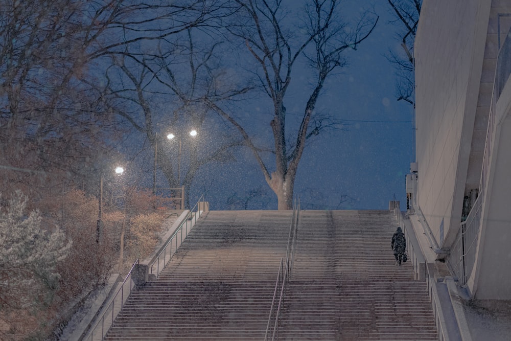 a person walking up a set of stairs at night