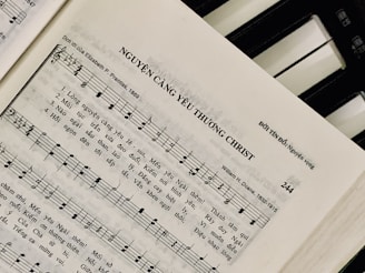 Sheet music featuring a hymn titled 'NGUYỆN CÀNG YÊU THƯƠNG CHRIST' with lyrics in Vietnamese. The page includes music notes, staff, and lyrics, suggesting a religious song. On the right side, a piano keyboard is partially visible.
