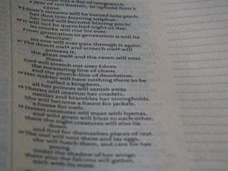 The image displays a close-up view of a page containing text, possibly from a religious or literary book. The text is arranged in verses and includes words like 'Edom's streams', 'desert owl', and 'thorns'. The text appears to have a poetic structure, with lines aligned and some parts featuring indented formatting.