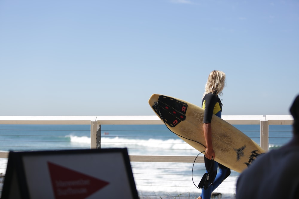 a woman holding a surfboard walking towards the ocean