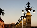 a row of street lamps on a city street