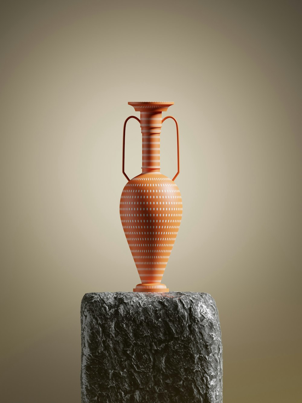 an orange vase sitting on top of a rock