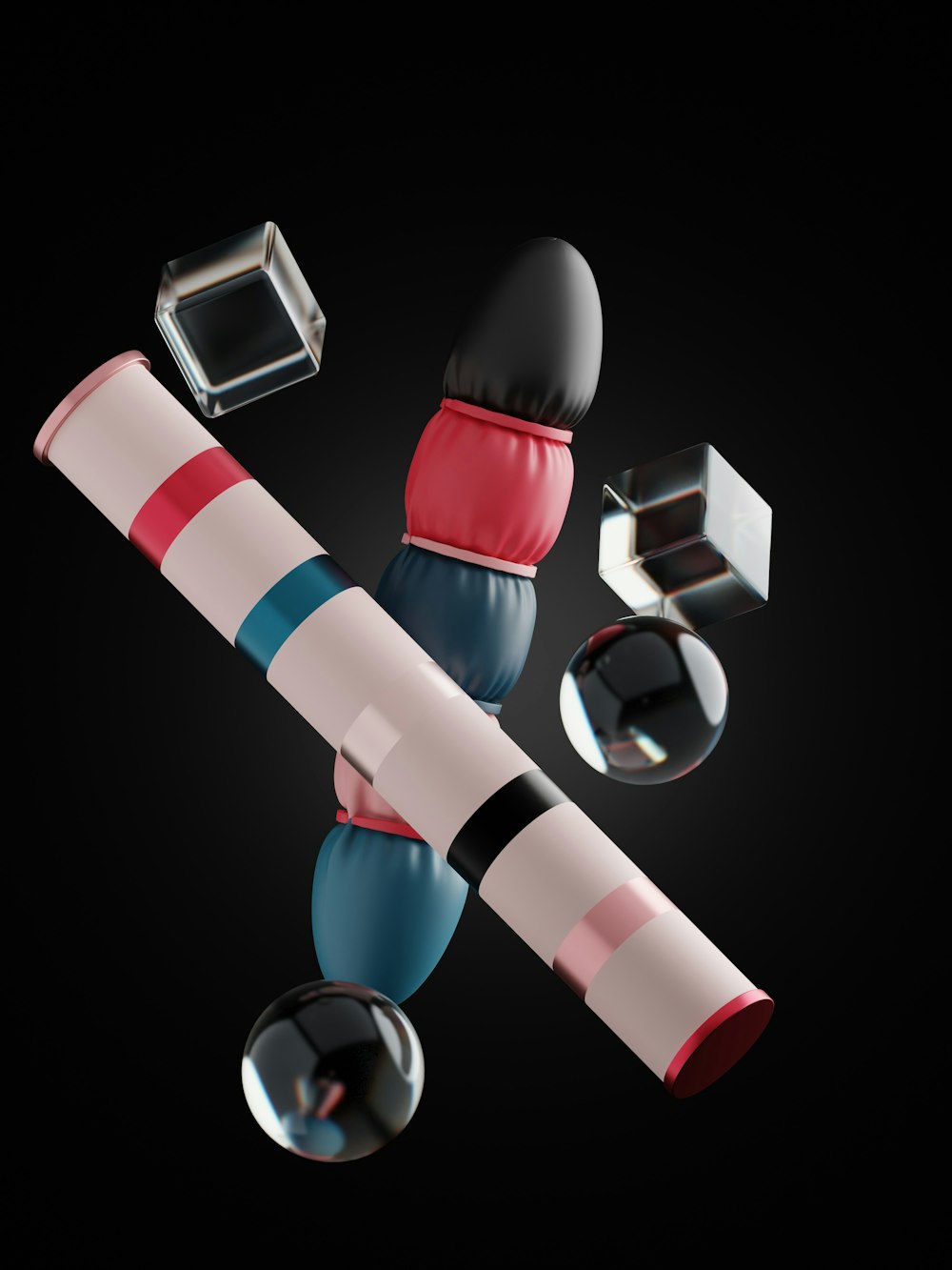 a black background with a red, white, and blue object