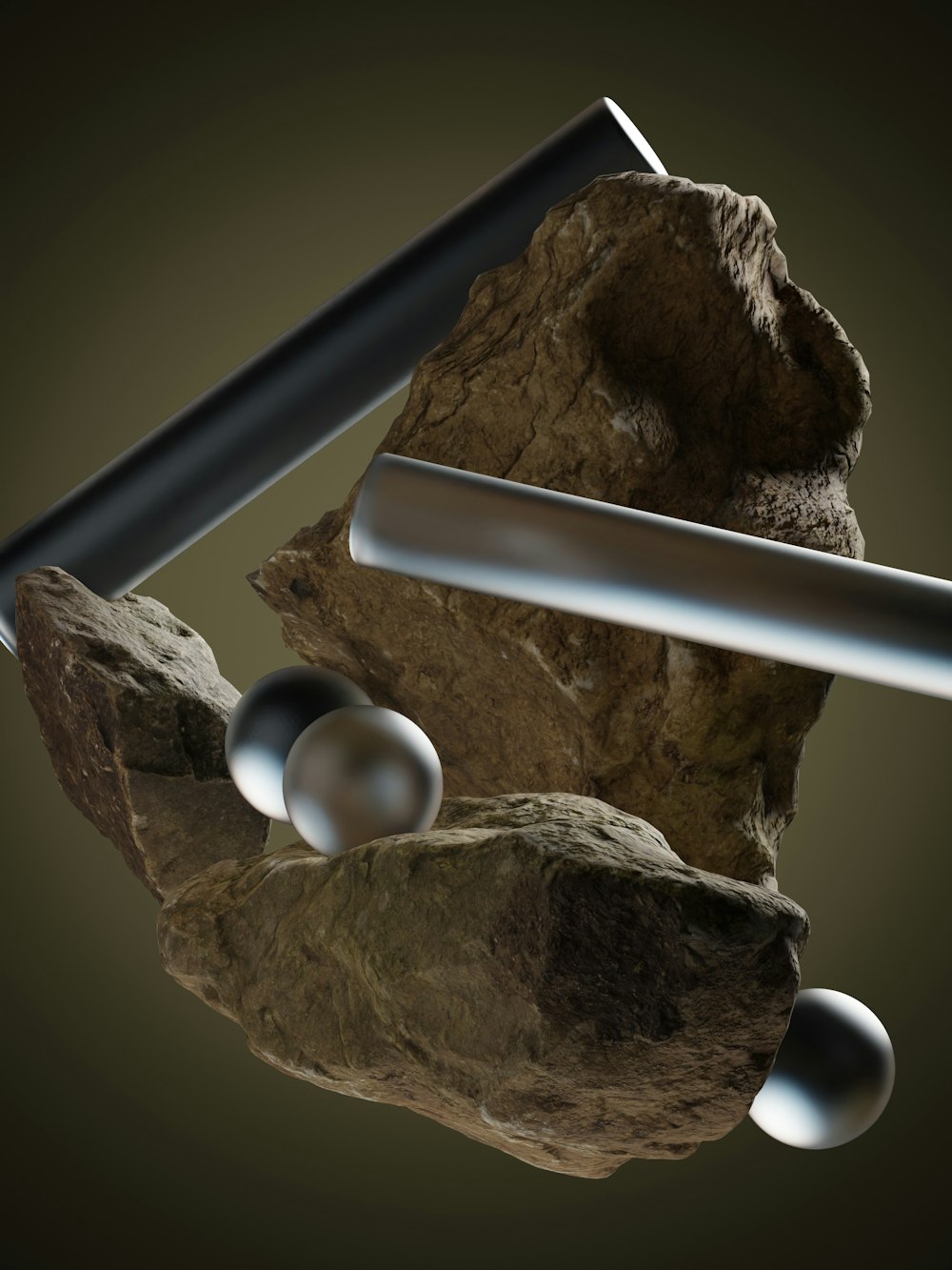 a rock with a metal bar and two balls on it