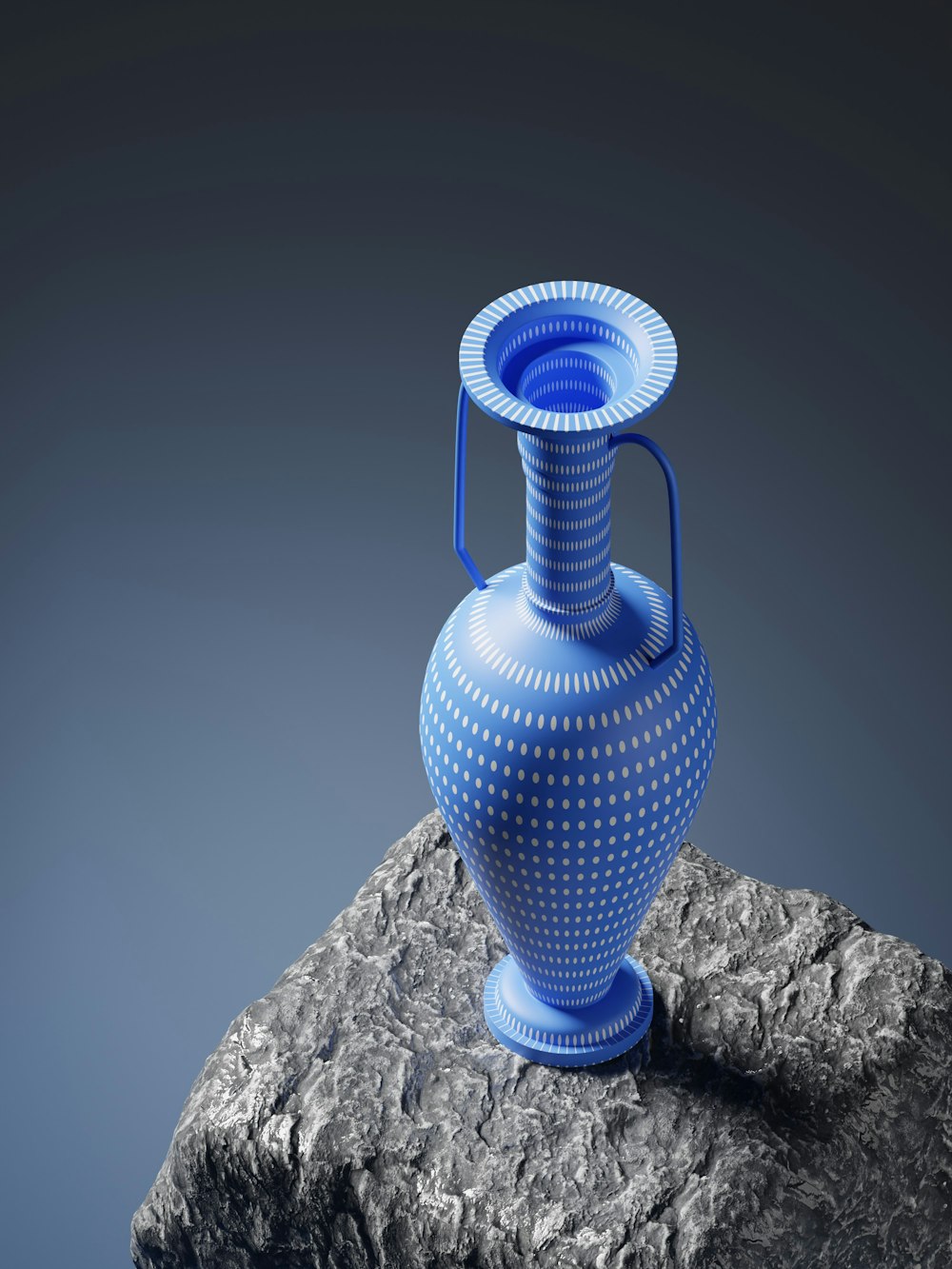 a blue vase sitting on top of a rock