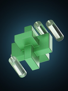 An abstract 3D geometric structure composed of interlocking rectangular prisms with dotted surfaces in green and reflective metallic cylindrical shapes surrounding it. The background is a dark gradient.